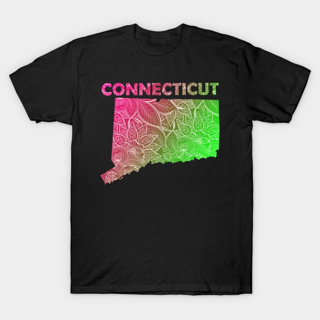 Colorful mandala art map of Connecticut with text in pink and green T-Shirt by Happy Citizen